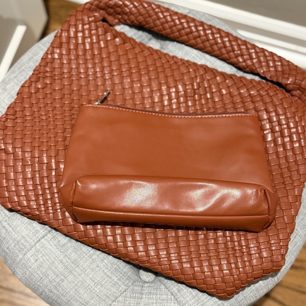 Faux Leather Woven Tote and Zipped Pouch